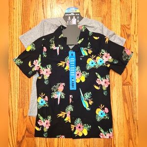 New-Hurley Youth Black Hawaiian Button Down Shirt + Gray Tee Set, Large